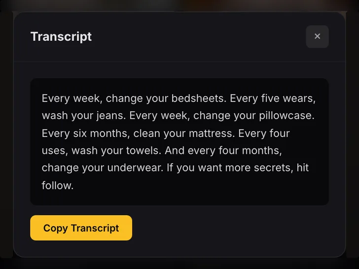 A viral video's full transcript open in the database, with a Copy Transcript button